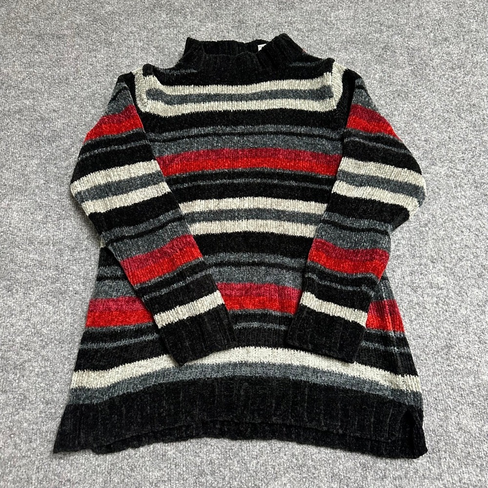 All Points Sweater Womens Size S Black Red Striped Chenille Mock Neck Pullover